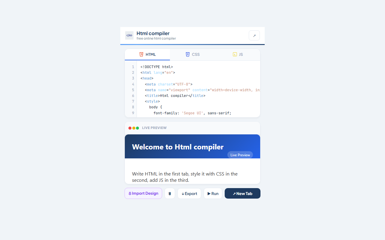 Html Compiler popup with HTML editor and live preview