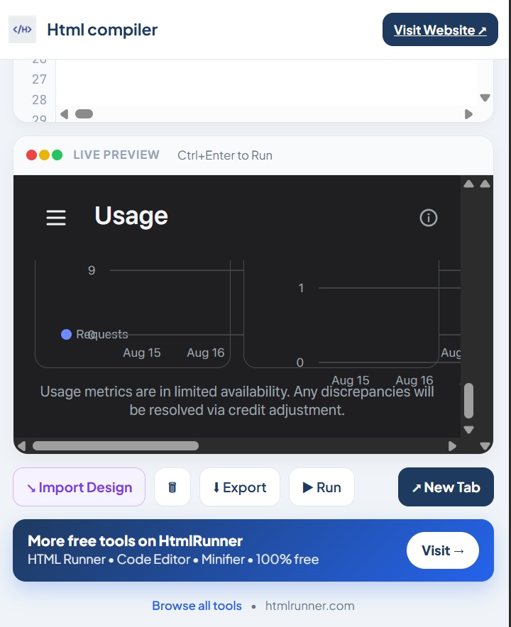 Html Compiler live preview with export and run buttons