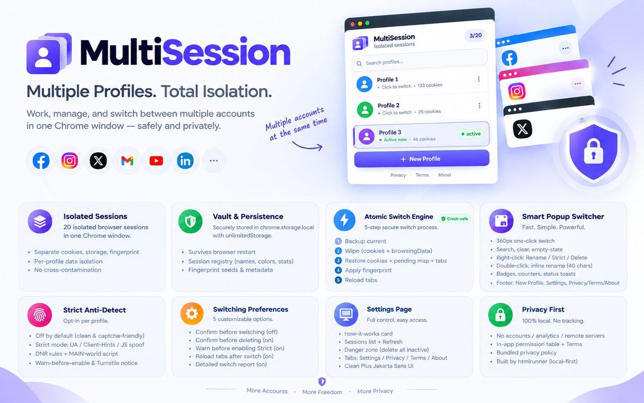 Multisession overview — your accounts, your privacy, multiple isolated profiles