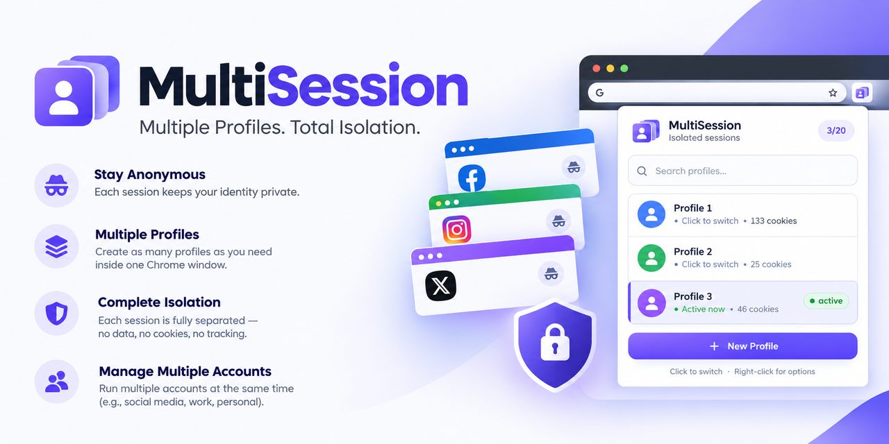 Multisession popup session switcher with isolated profiles and search