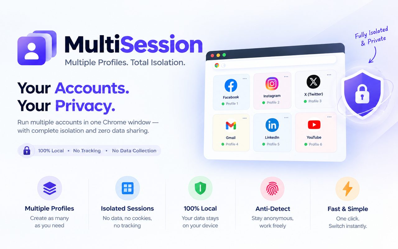 Multisession privacy — multiple Gmail, social and work accounts fully isolated