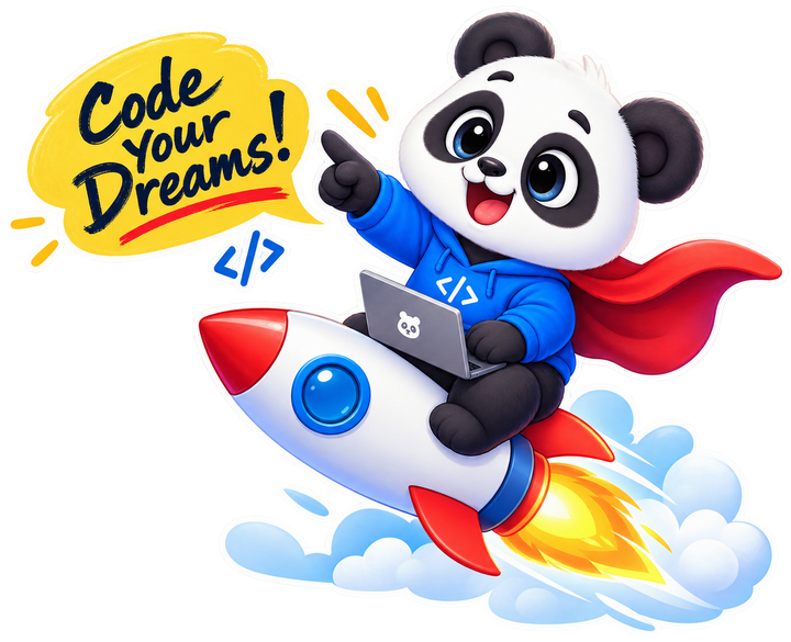 Cute panda superhero on a rocket with laptop — Code Your Dreams